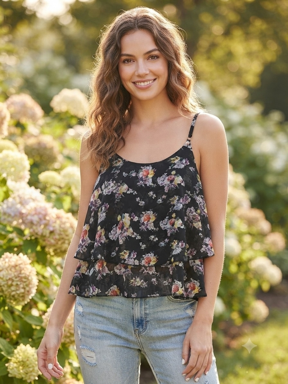 Cyn by Cynthia Mehra Black Floral Tiered Chiffon Cami Top One Size
